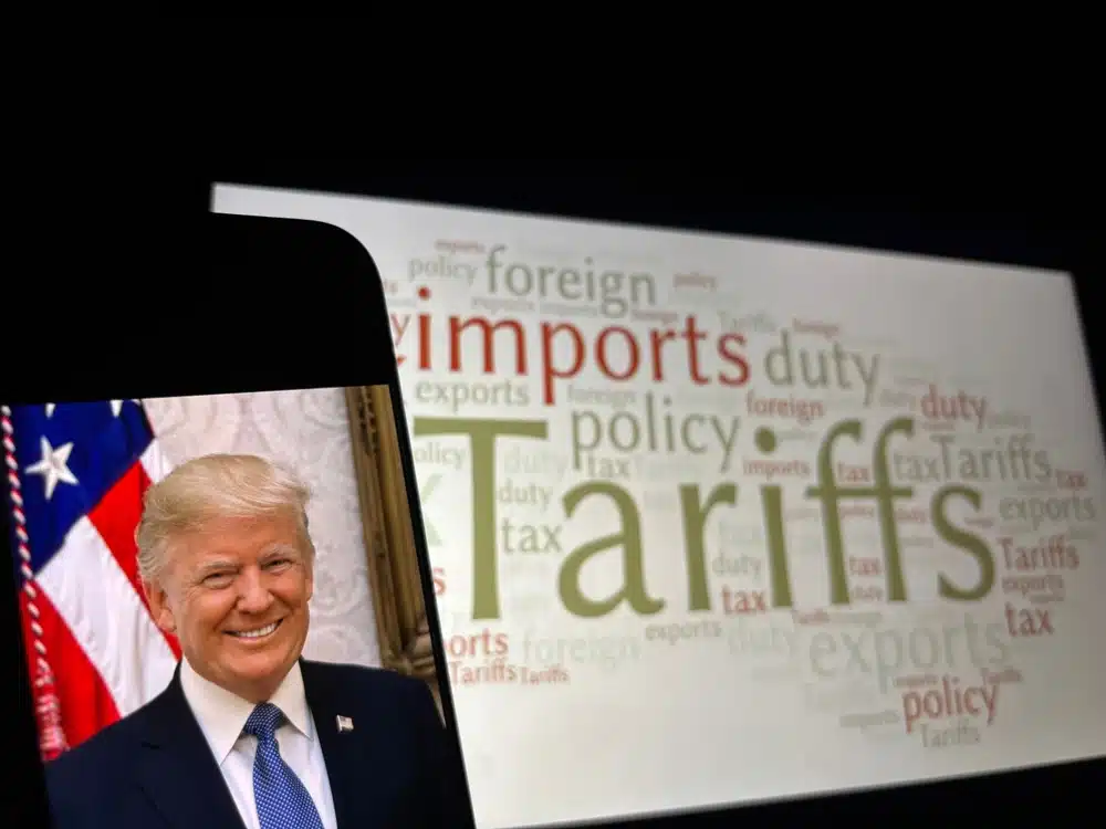 Illustration symbolizing the economic impact of Trump tariffs eighteen months after Liberation Day