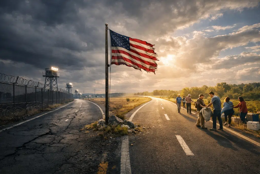 Cruelty is the point: families walk past a border detention facility fence under a torn American flag